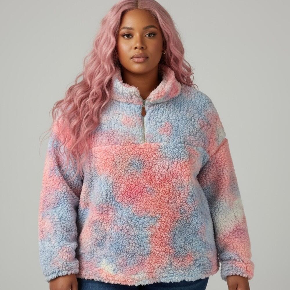 Haptics Womens Large Sherpa Half Zip Pullover Pastel Tie Dye Cozy Fleece